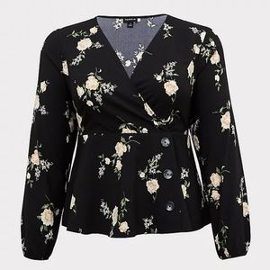 TORRID FLORAL CREPE SURPLICE MIDI PEPLUM BLOUSE